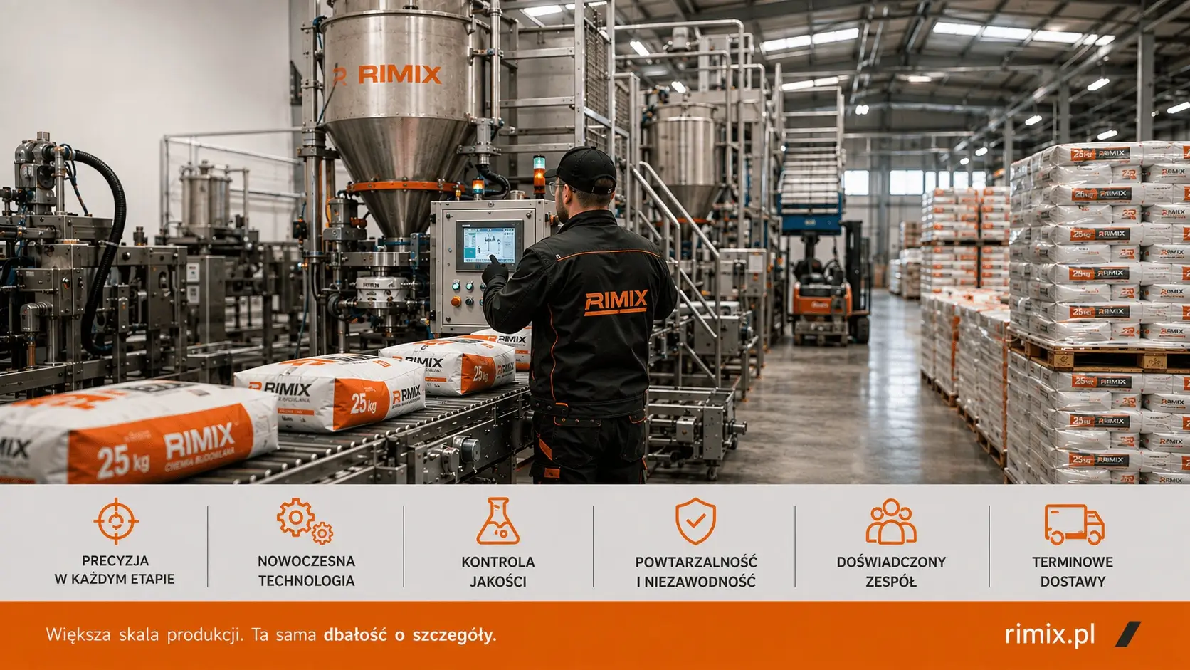 Linia produkcyjna chemii budowlanej Rimix z automatycznym systemem pakowania mieszanek w worki. Operator przy panelu sterowania oraz palety z gotowymi produktami Rimix. Nowoczesny park maszynowy, kontrola jakości i zaplecze produkcyjne.
