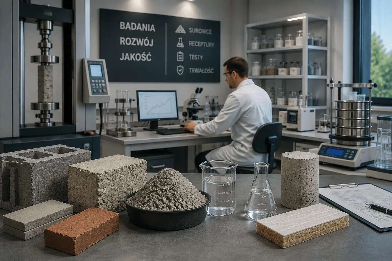 Laboratorium badawcze chemii i materiałów budowlanych z próbkami betonu, zapraw, cegieł i surowców. Stanowiska do badań wytrzymałościowych oraz aparatura laboratoryjna. Kontrola jakości, rozwój receptur i testowanie parametrów materiałów budowlanych.