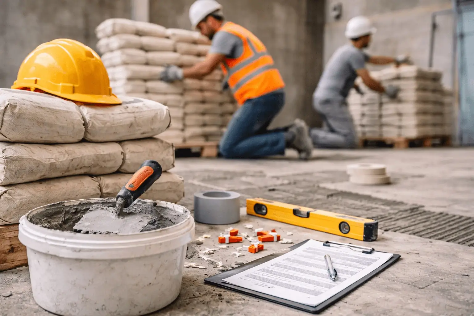 Materiały i narzędzia budowlane podczas prac wykonawczych na budowie. Worki z zaprawą, wiadro z mieszanką, paca, poziomica oraz dokumentacja techniczna. Pracownicy w odzieży ochronnej przy przygotowaniu materiałów budowlanych.