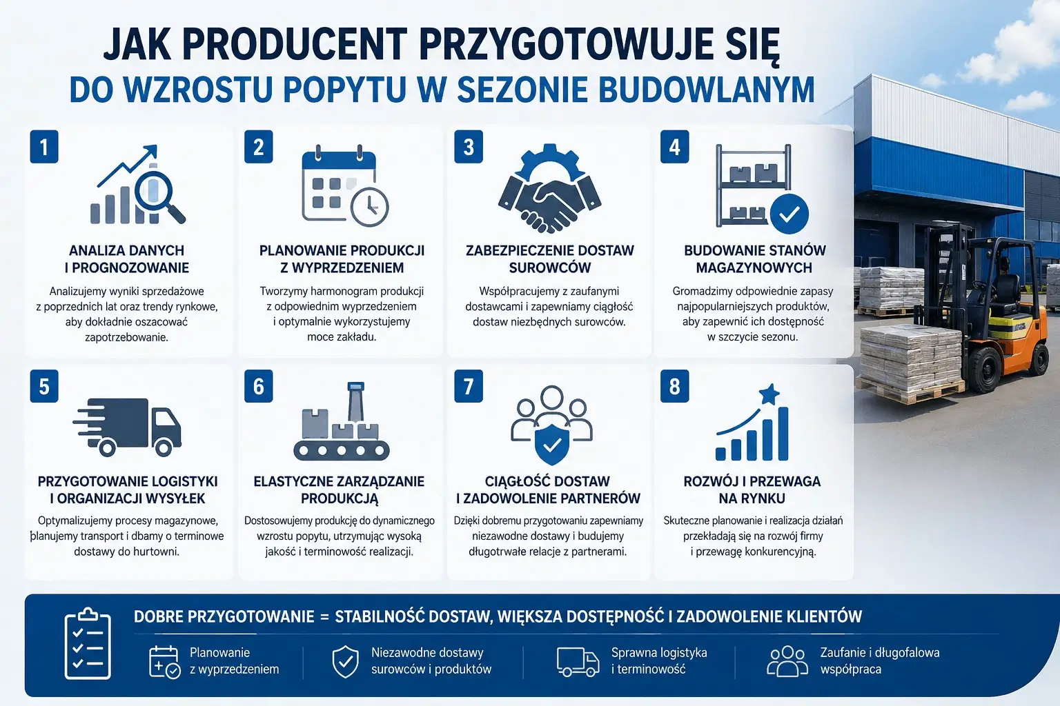 Infografika o przygotowaniu producenta materiałów budowlanych do wzrostu popytu w sezonie. Analiza danych, planowanie produkcji, zabezpieczenie surowców, zapasy magazynowe i organizacja logistyki. Ciągłość dostaw, elastyczność produkcji oraz współpraca z partnerami handlowymi.