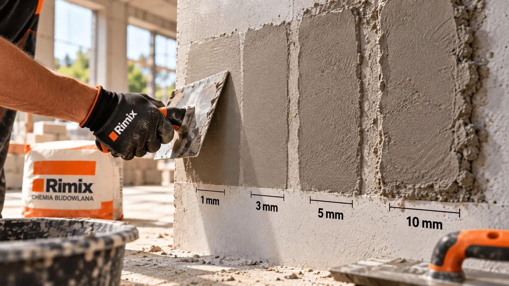 Nakładanie zaprawy budowlanej Rimix na powierzchnię ściany za pomocą pacy. Porównanie warstw materiału o grubości 1, 3, 5 i 10 mm. Chemia budowlana Rimix podczas prac wykończeniowych.
